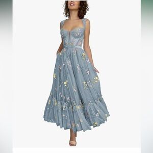 Corset Tulle Dusty Blue Flower Embroidered Evening Gown